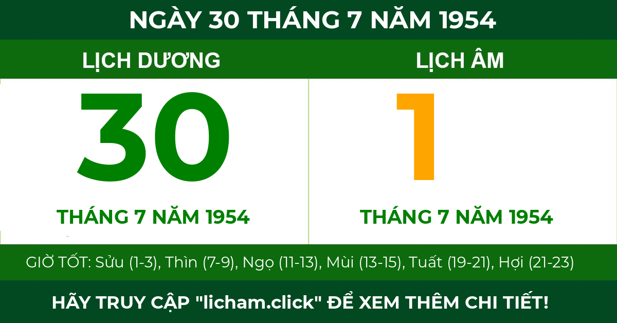 lịch âm ngày 30 tháng 7 năm 1954