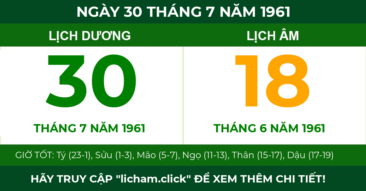 lịch âm ngày 30 tháng 7 năm 1961