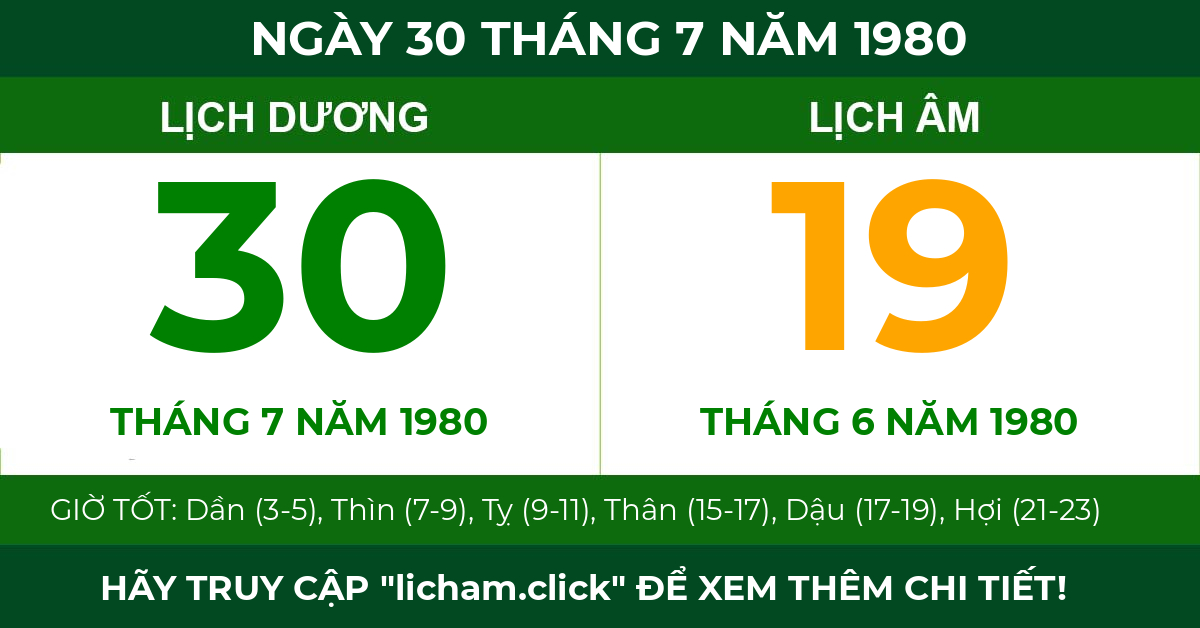 lịch âm ngày 30 tháng 7 năm 1980