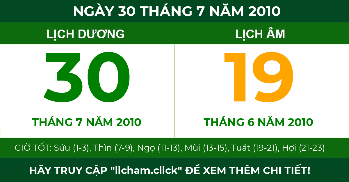 lịch âm ngày 30 tháng 7 năm 2010
