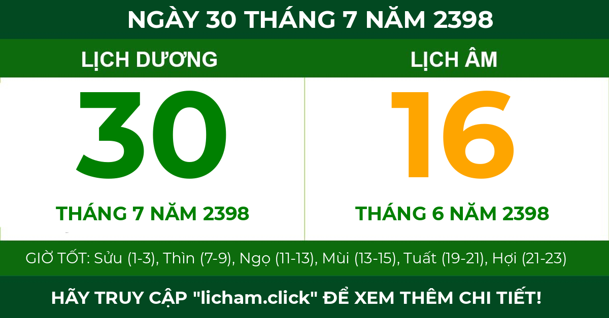 lịch âm ngày 30 tháng 7 năm 2398