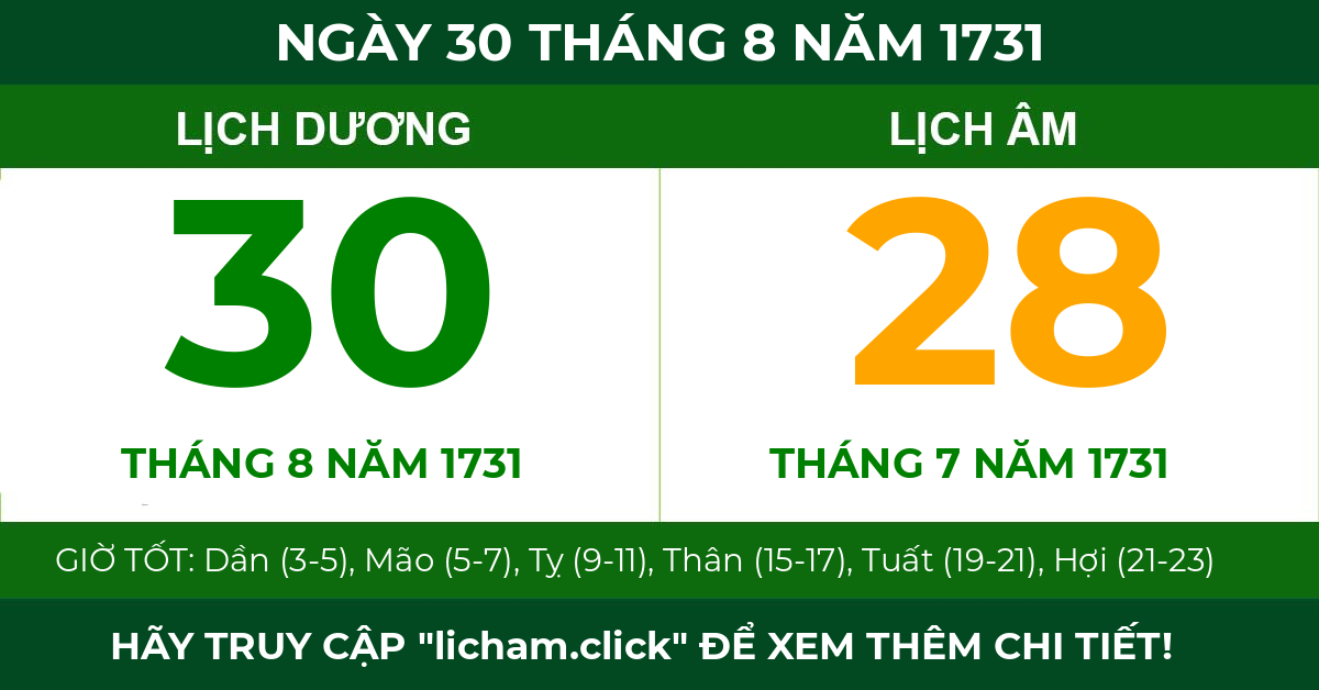 lịch âm ngày 30 tháng 8 năm 1731