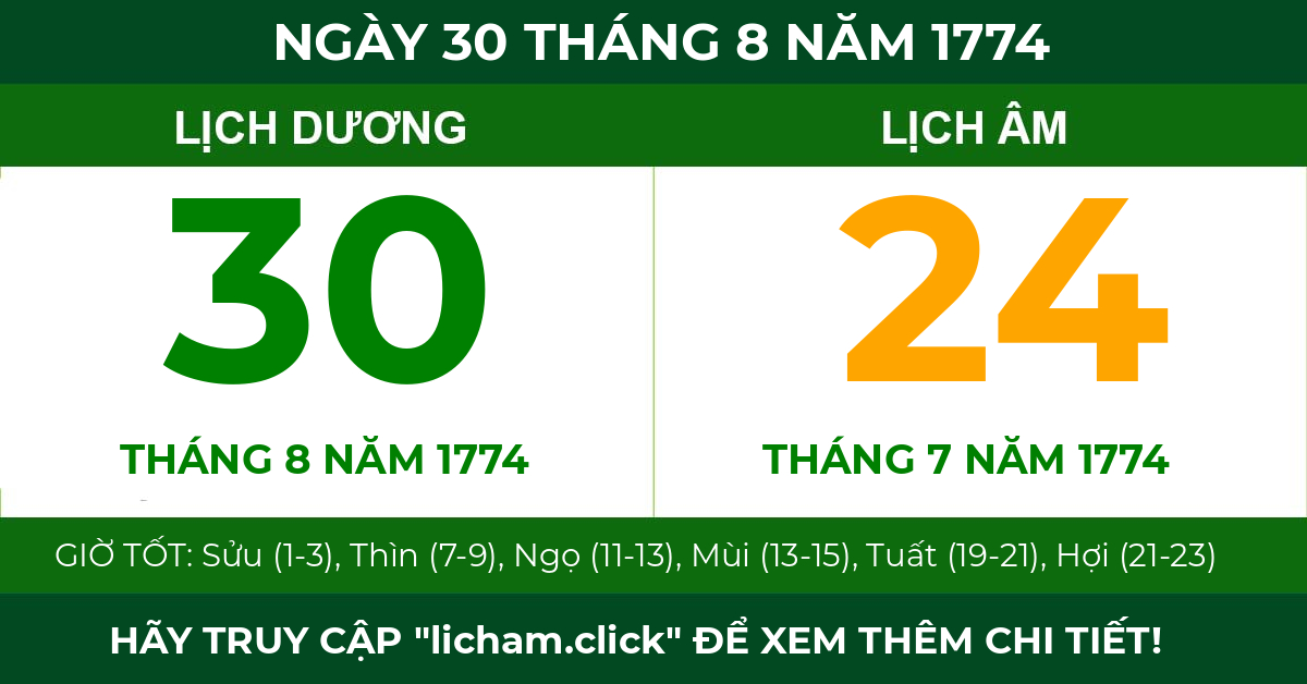 lịch âm ngày 30 tháng 8 năm 1774