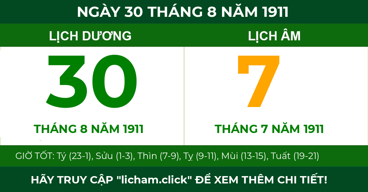 lịch âm ngày 30 tháng 8 năm 1911