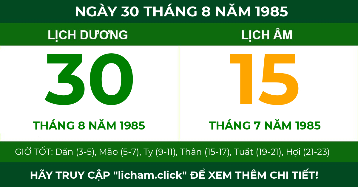 lịch âm ngày 30 tháng 8 năm 1985
