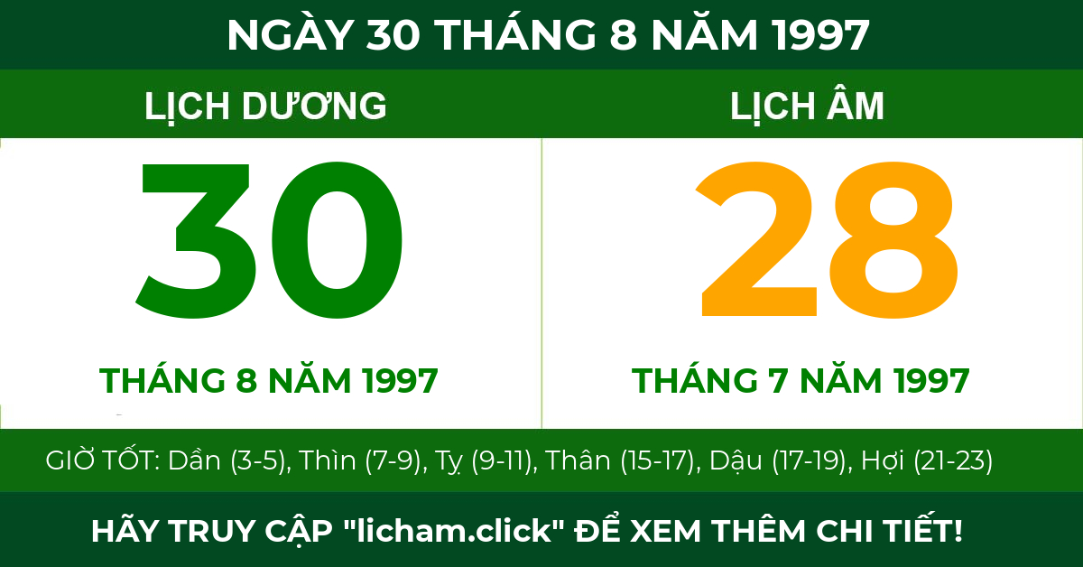 lịch âm ngày 30 tháng 8 năm 1997