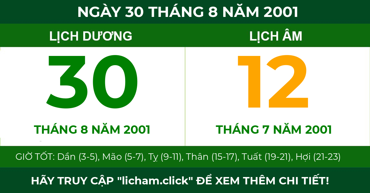 lịch âm ngày 30 tháng 8 năm 2001
