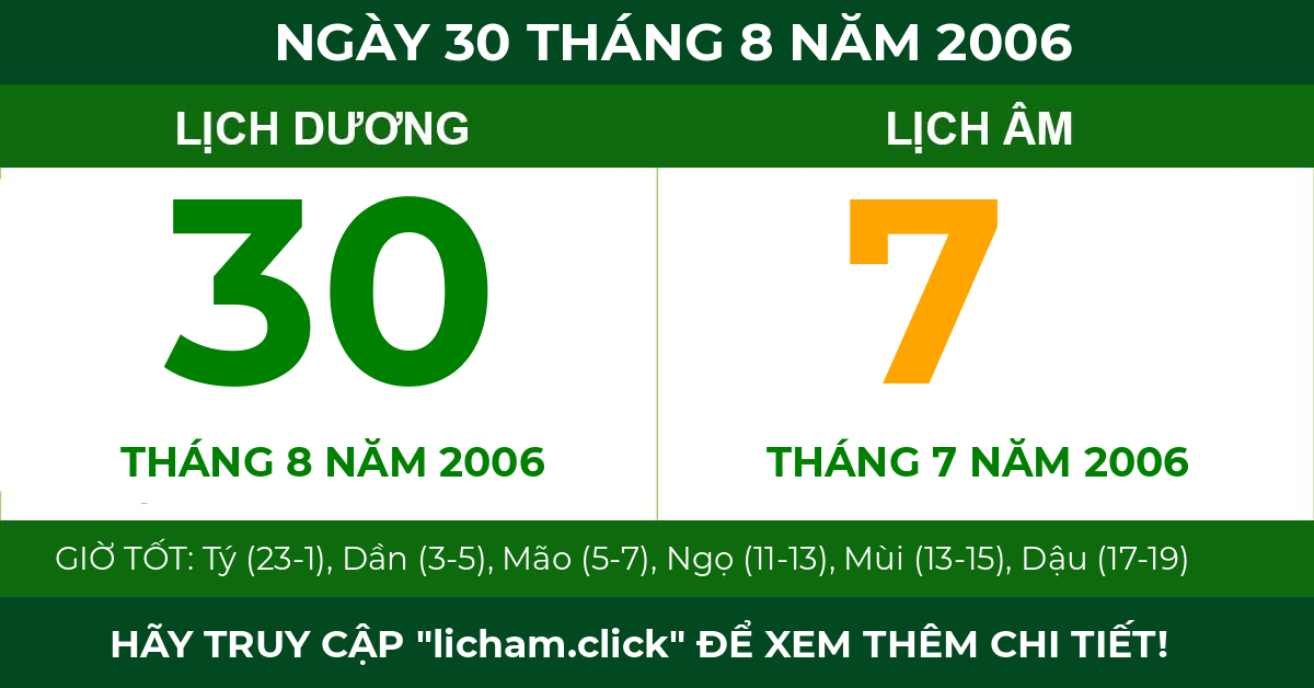 lịch âm ngày 30 tháng 8 năm 2006