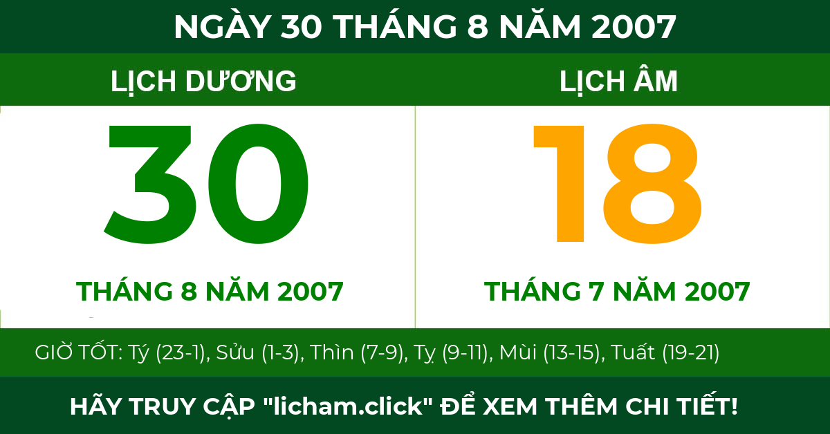 lịch âm ngày 30 tháng 8 năm 2007