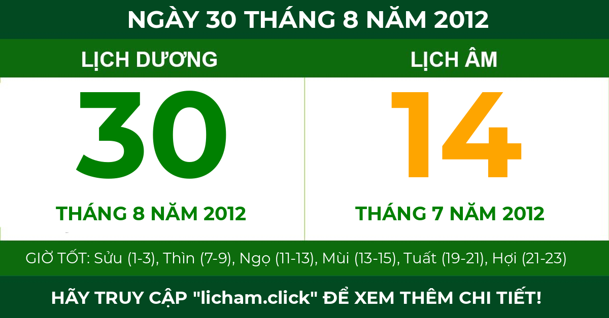 lịch âm ngày 30 tháng 8 năm 2012