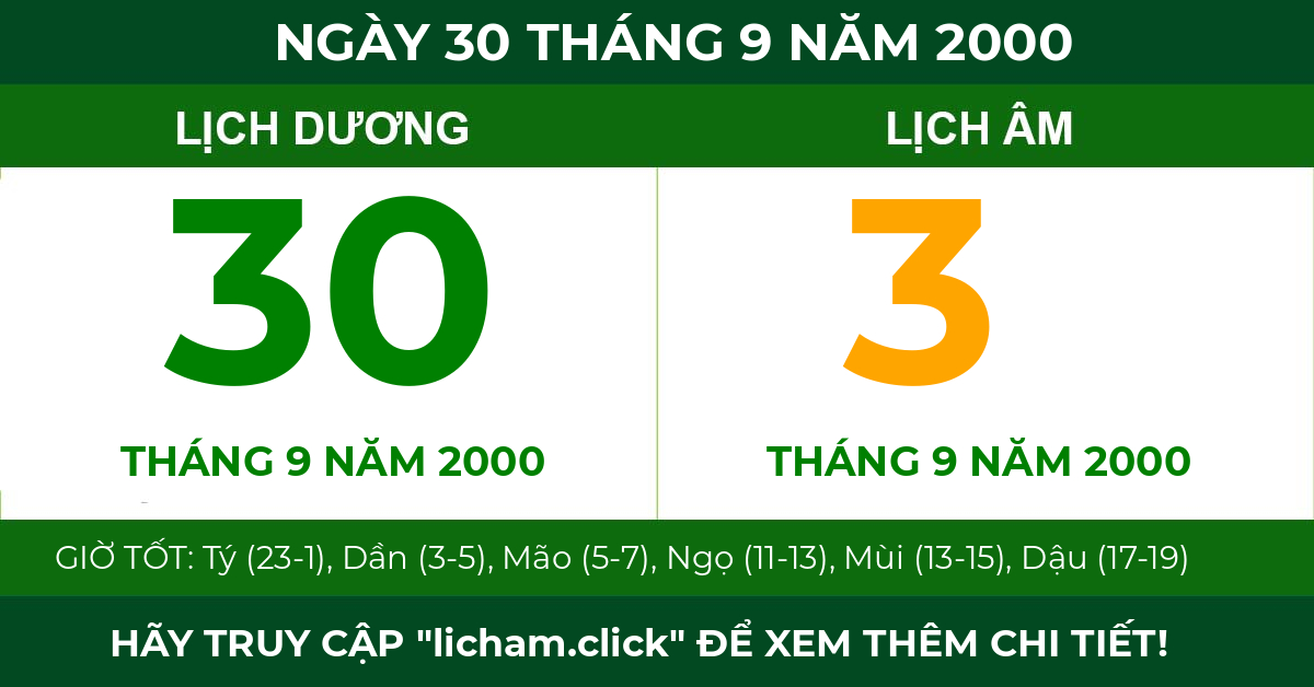 lịch âm ngày 30 tháng 9 năm 2000