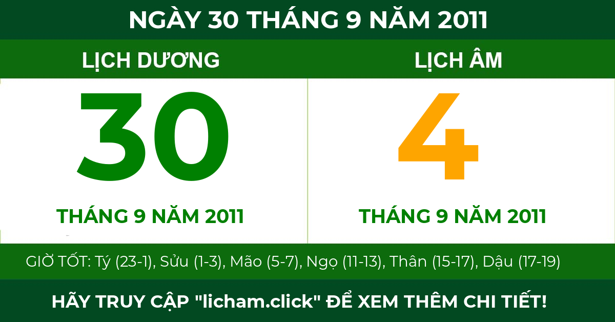 lịch âm ngày 30 tháng 9 năm 2011