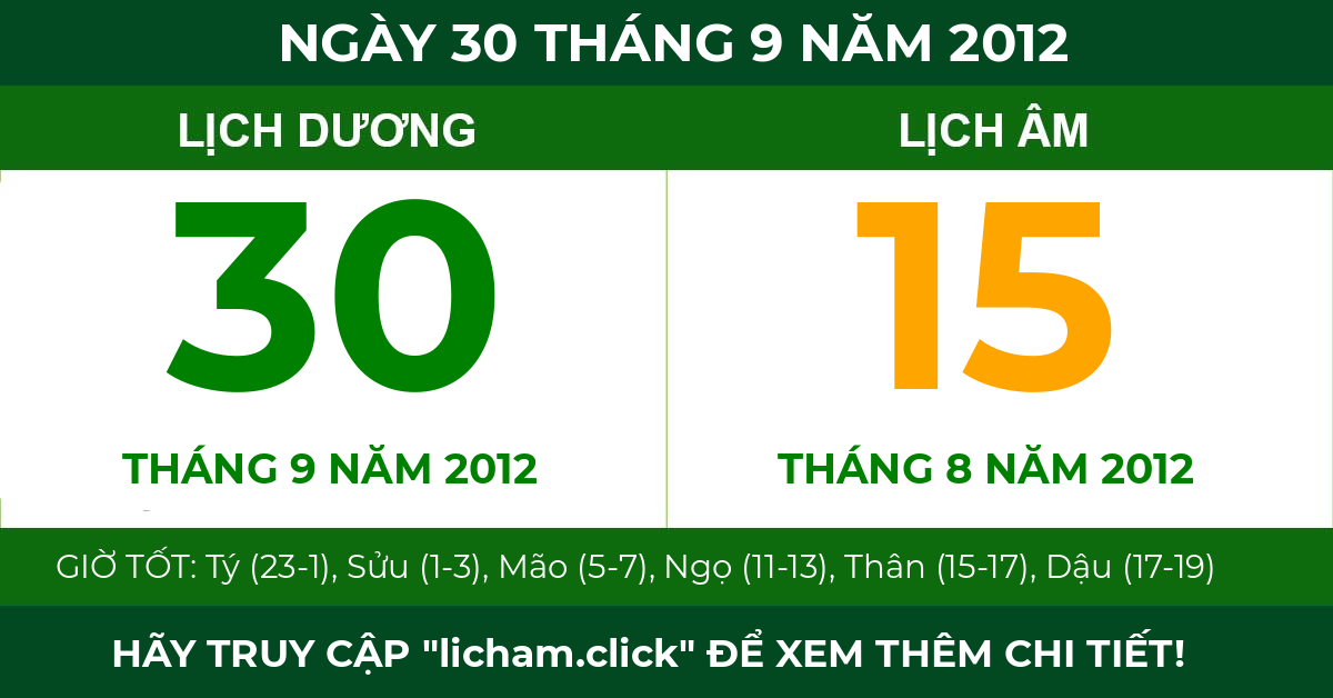 lịch âm ngày 30 tháng 9 năm 2012