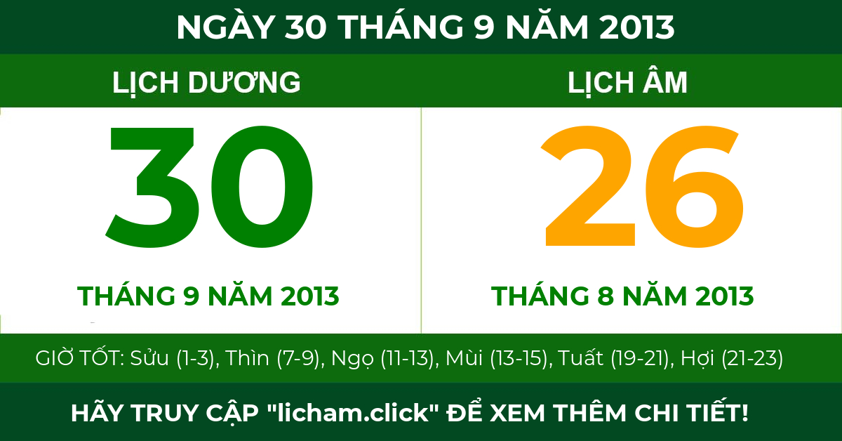 lịch âm ngày 30 tháng 9 năm 2013