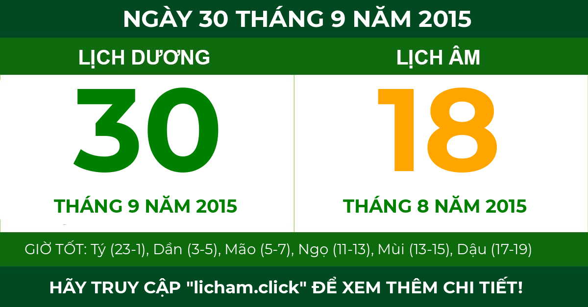 lịch âm ngày 30 tháng 9 năm 2015