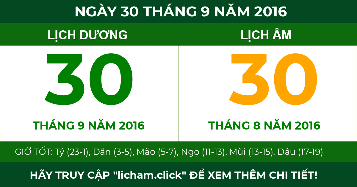 lịch âm ngày 30 tháng 9 năm 2016