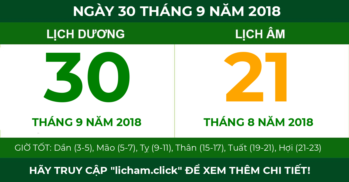 lịch âm ngày 30 tháng 9 năm 2018