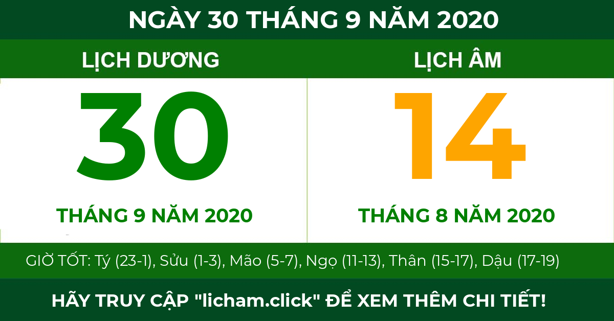 lịch âm ngày 30 tháng 9 năm 2020