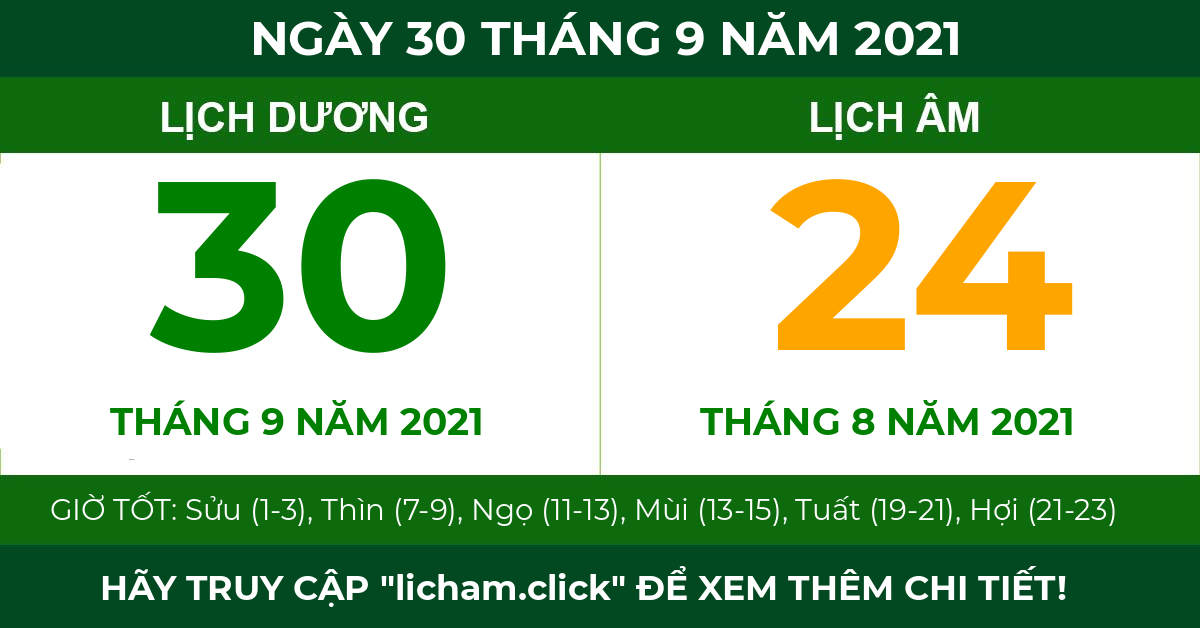lịch âm ngày 30 tháng 9 năm 2021