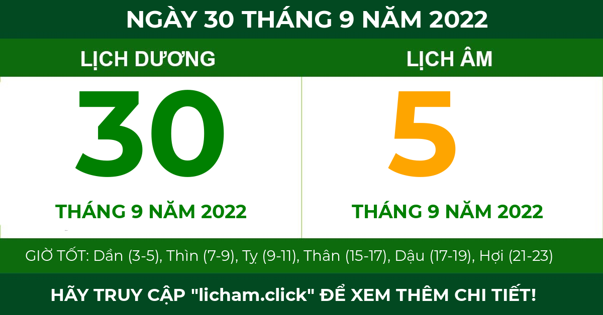 lịch âm ngày 30 tháng 9 năm 2022