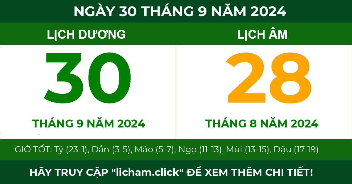 lịch âm ngày 30 tháng 9 năm 2024