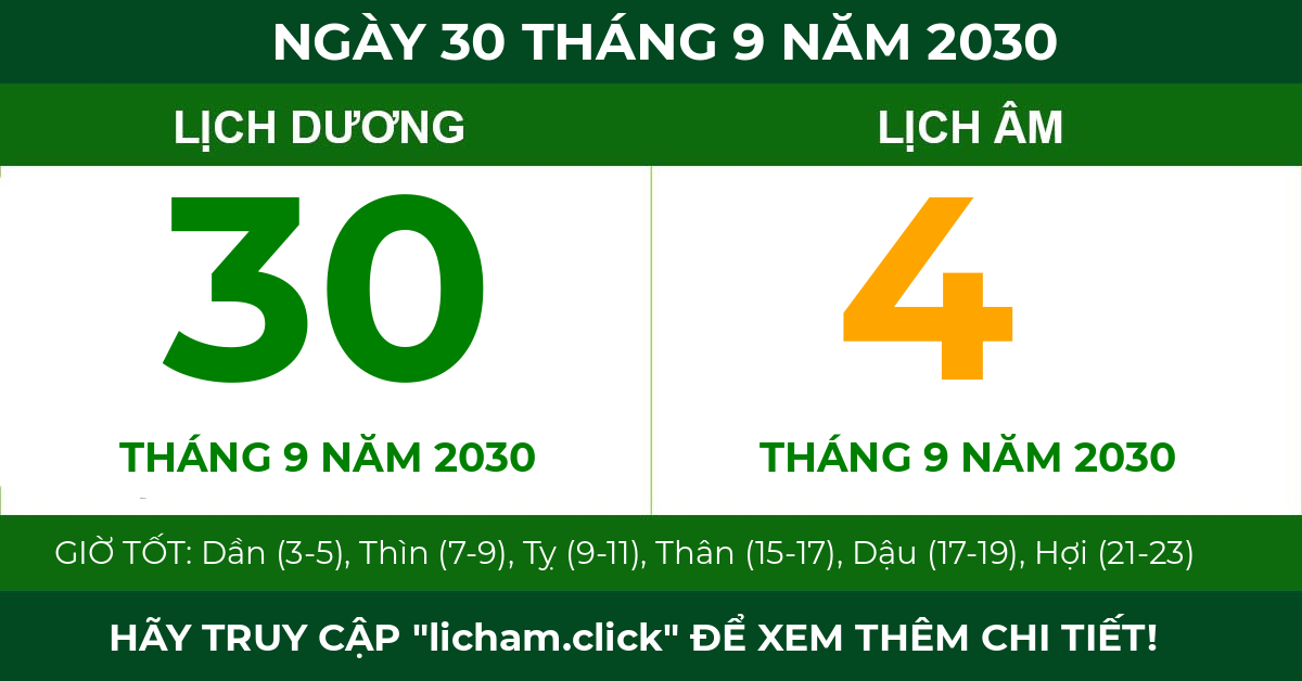 lịch âm ngày 30 tháng 9 năm 2030