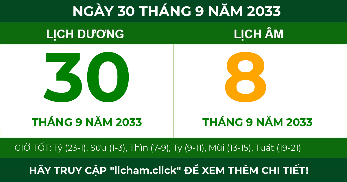 lịch âm ngày 30 tháng 9 năm 2033