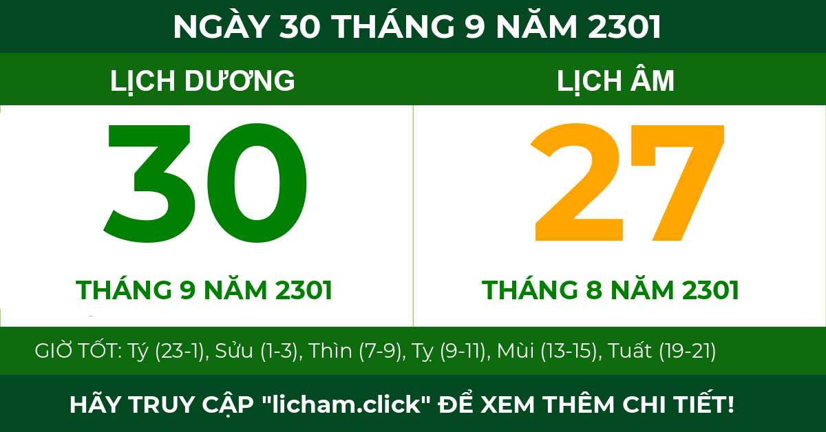 lịch âm ngày 30 tháng 9 năm 2301