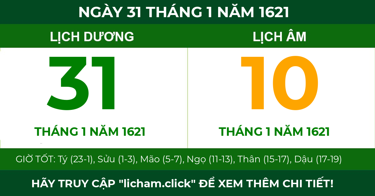 lịch âm ngày 31 tháng 1 năm 1621