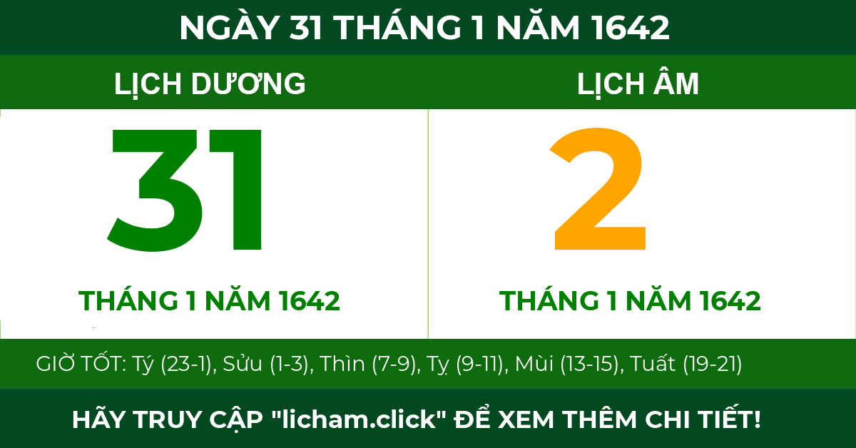 lịch âm ngày 31 tháng 1 năm 1642