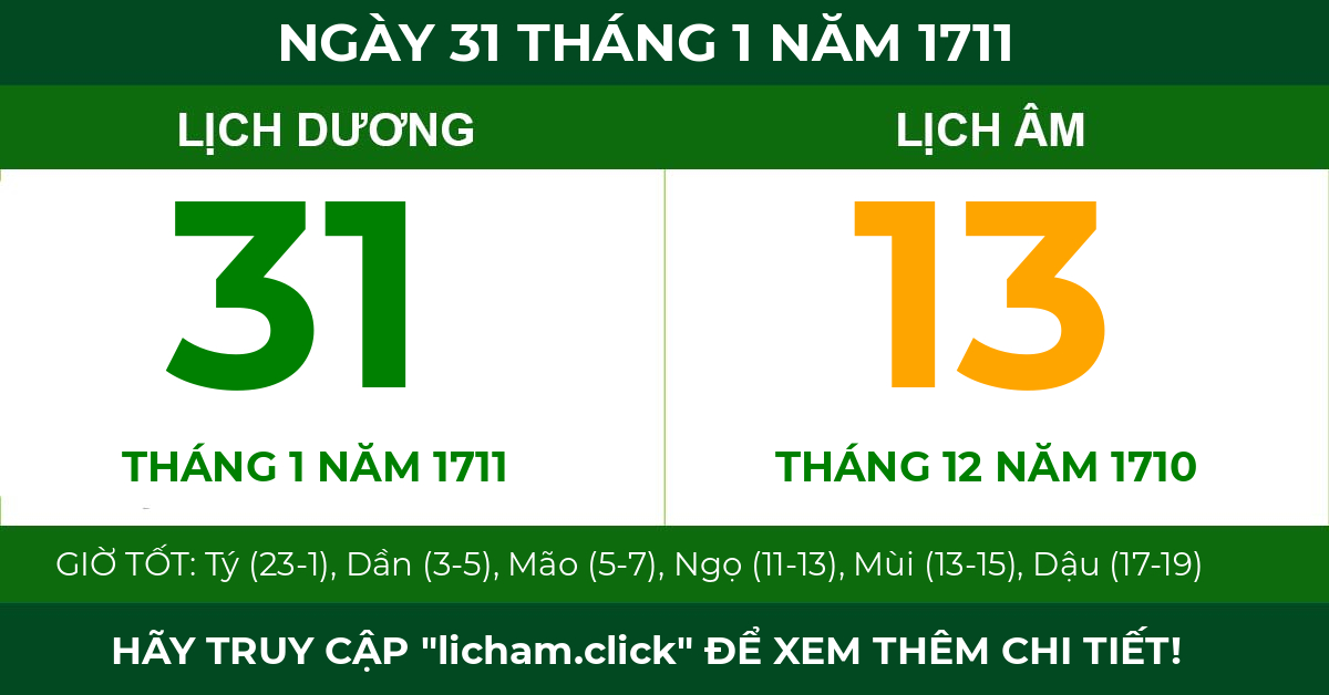 lịch âm ngày 31 tháng 1 năm 1711
