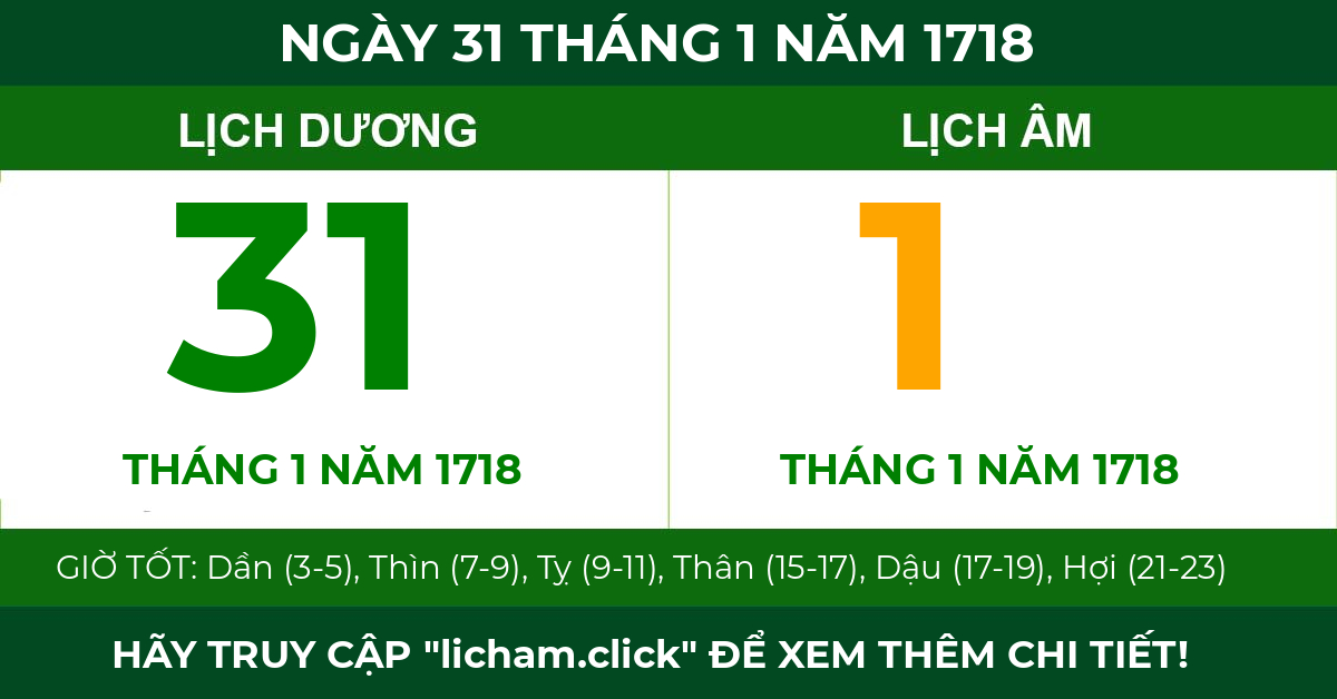 lịch âm ngày 31 tháng 1 năm 1718