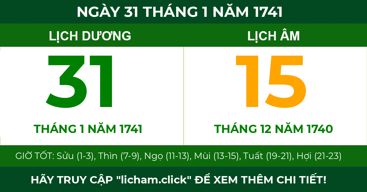 lịch âm ngày 31 tháng 1 năm 1741