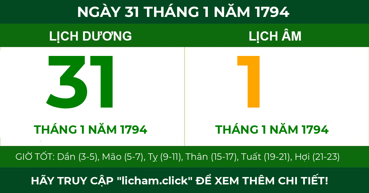 lịch âm ngày 31 tháng 1 năm 1794