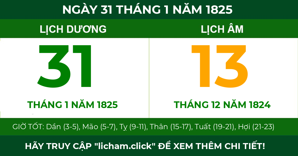 lịch âm ngày 31 tháng 1 năm 1825