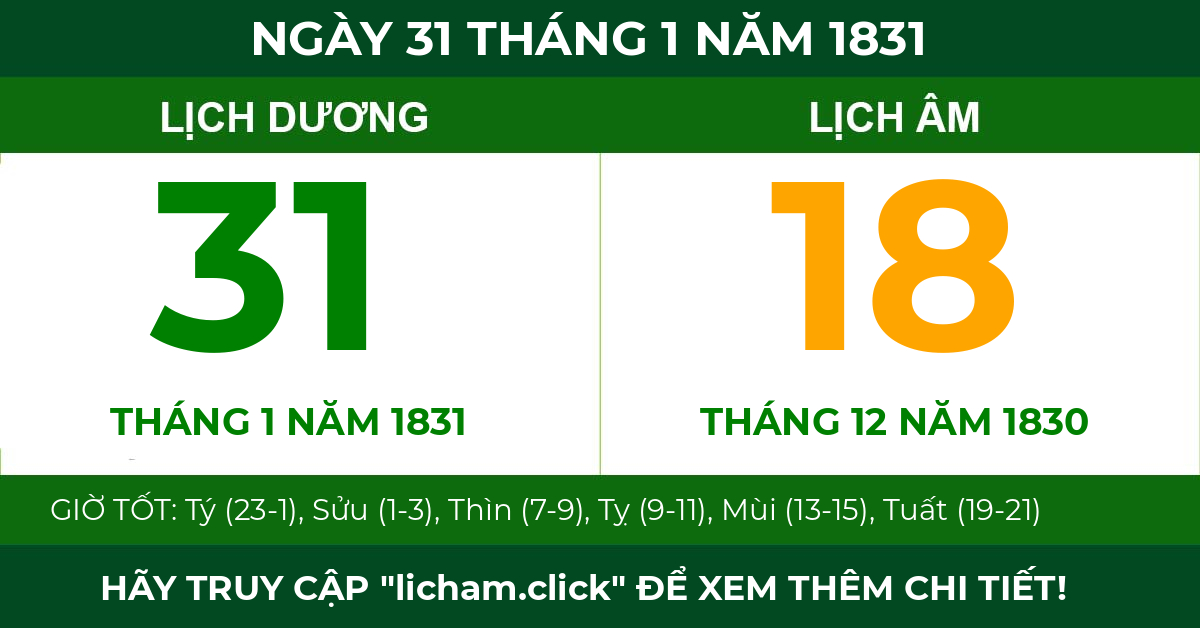 lịch âm ngày 31 tháng 1 năm 1831