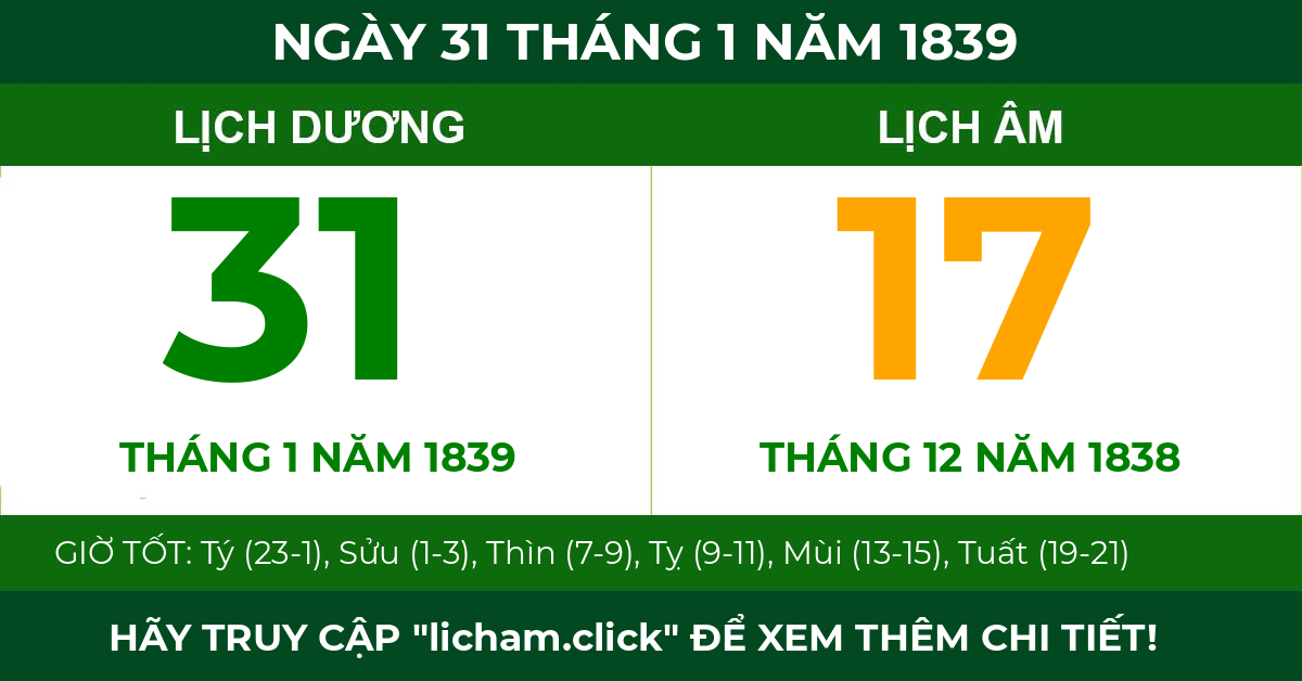 lịch âm ngày 31 tháng 1 năm 1839