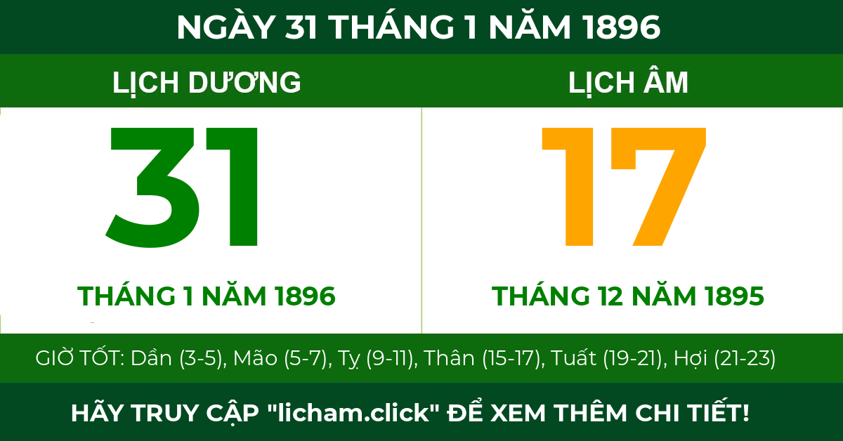 lịch âm ngày 31 tháng 1 năm 1896