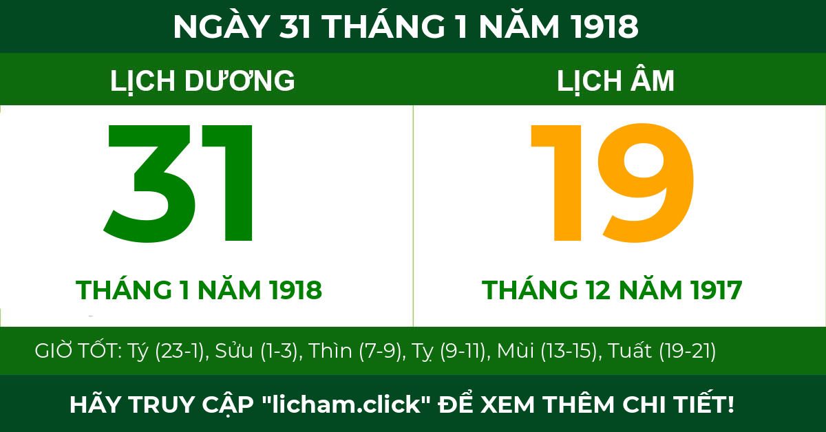 lịch âm ngày 31 tháng 1 năm 1918