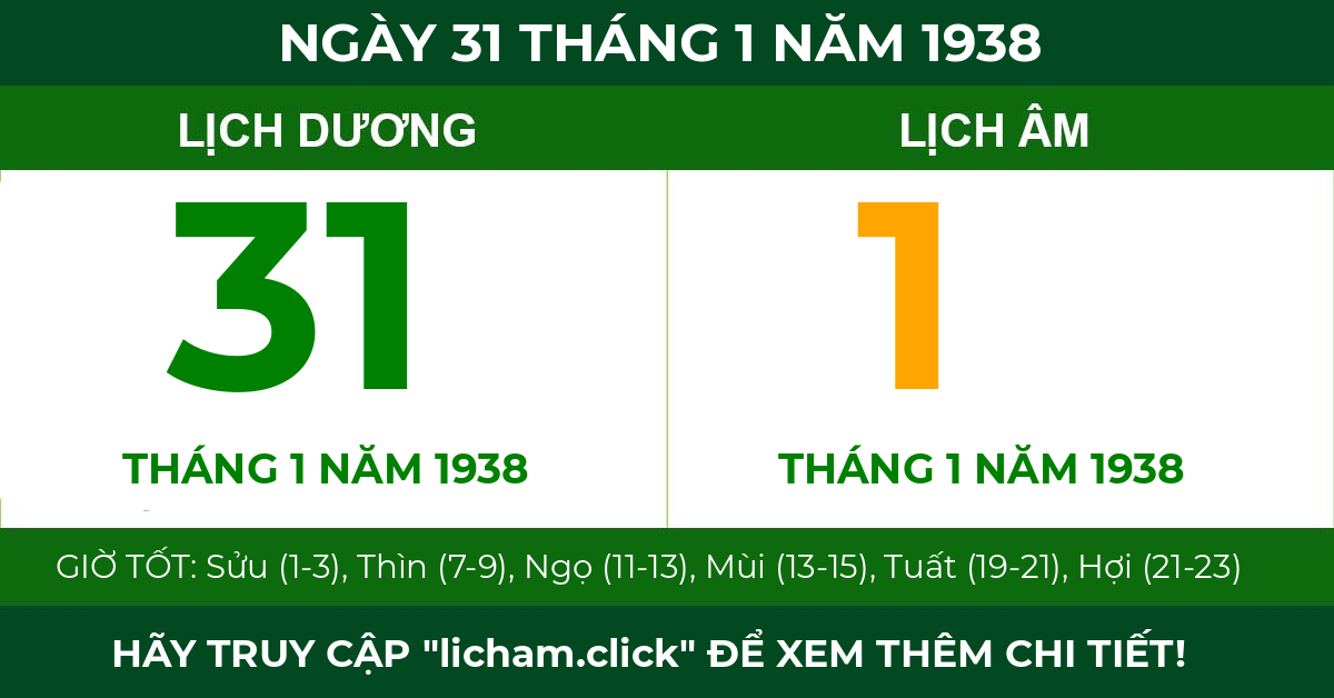lịch âm ngày 31 tháng 1 năm 1938