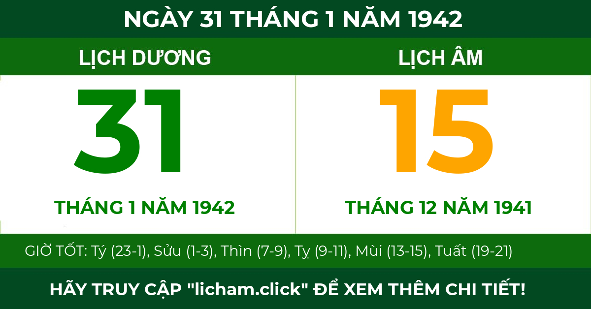 lịch âm ngày 31 tháng 1 năm 1942
