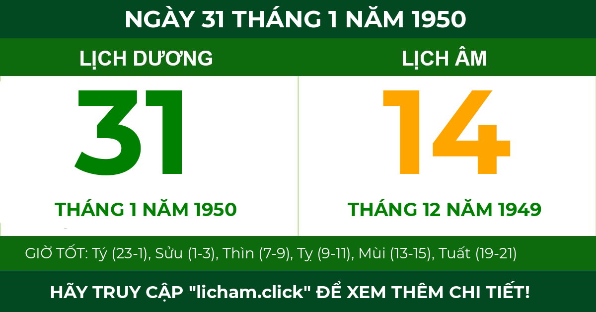 lịch âm ngày 31 tháng 1 năm 1950