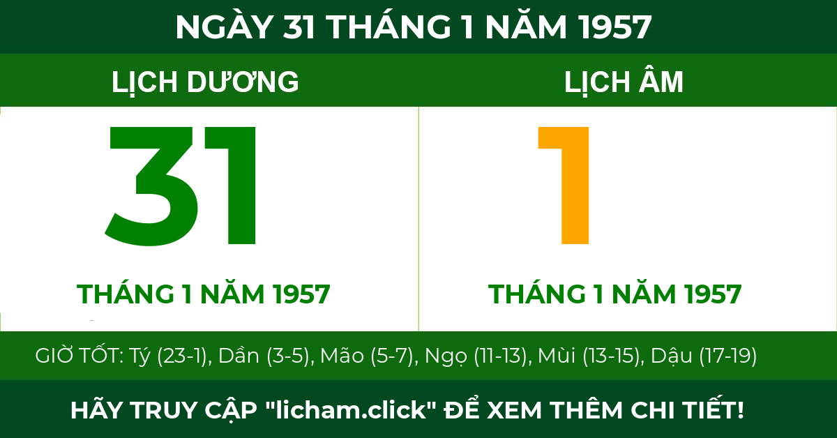 lịch âm ngày 31 tháng 1 năm 1957