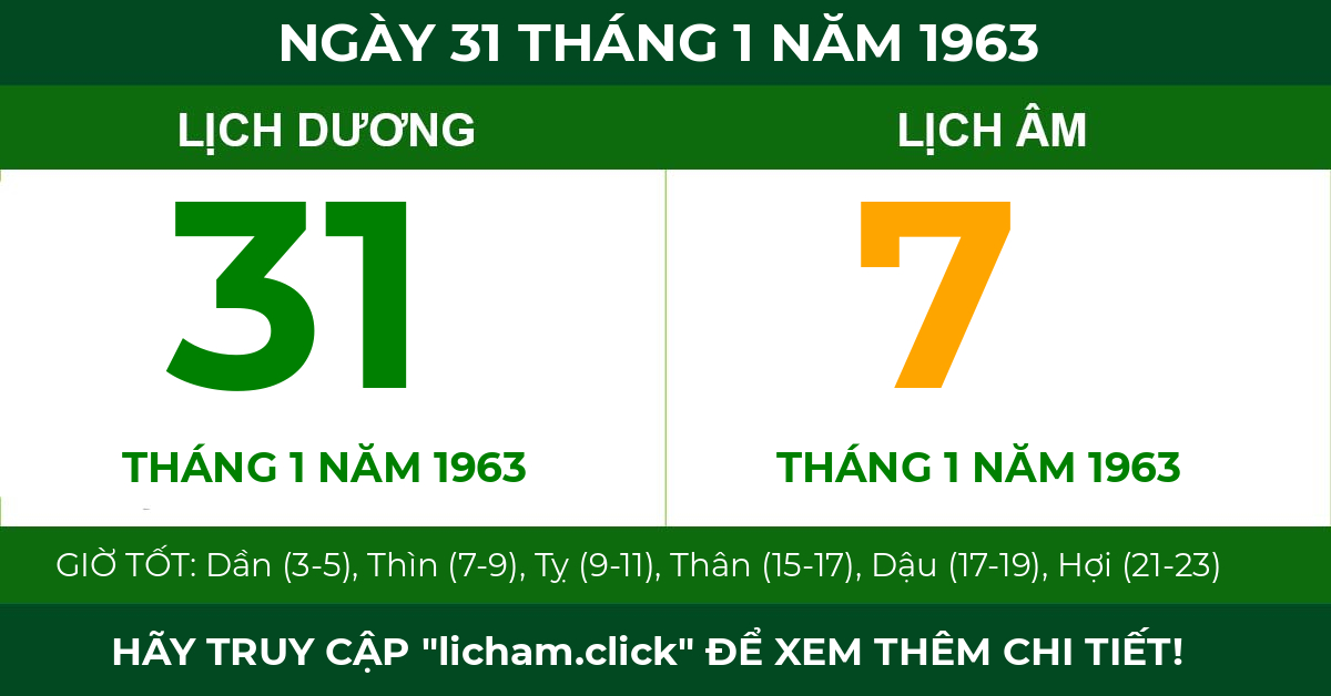 lịch âm ngày 31 tháng 1 năm 1963