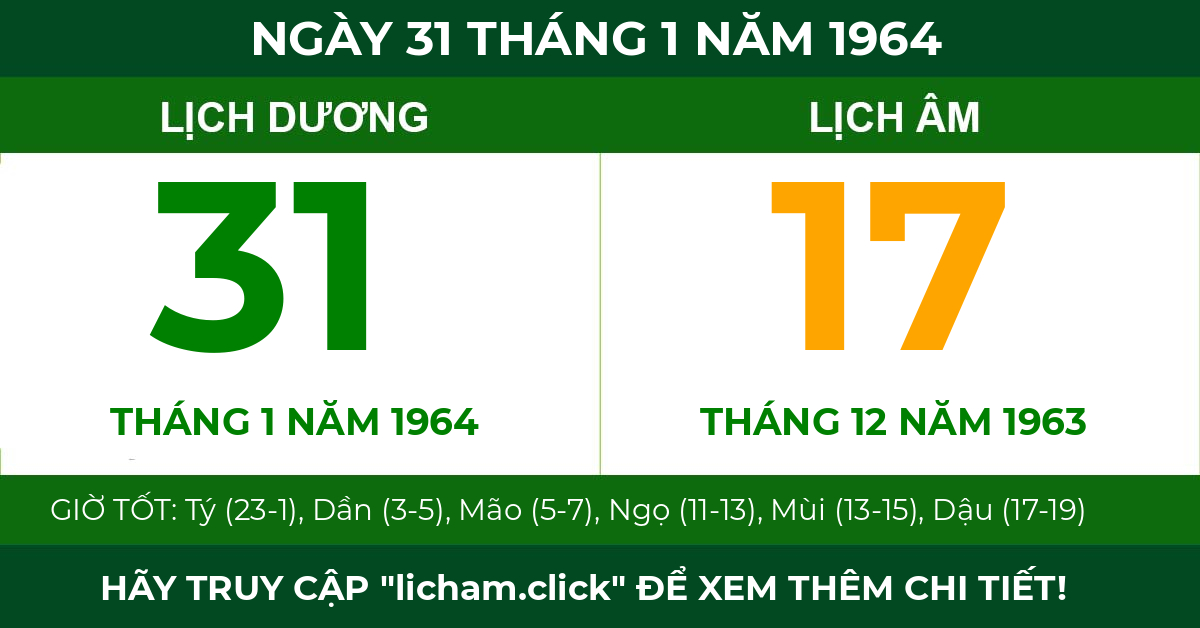 lịch âm ngày 31 tháng 1 năm 1964