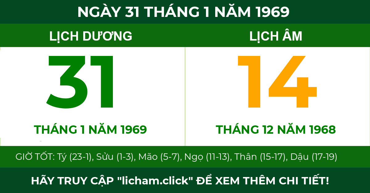 lịch âm ngày 31 tháng 1 năm 1969