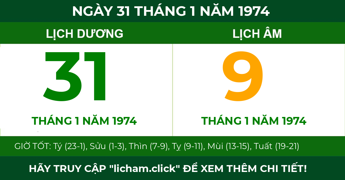 lịch âm ngày 31 tháng 1 năm 1974