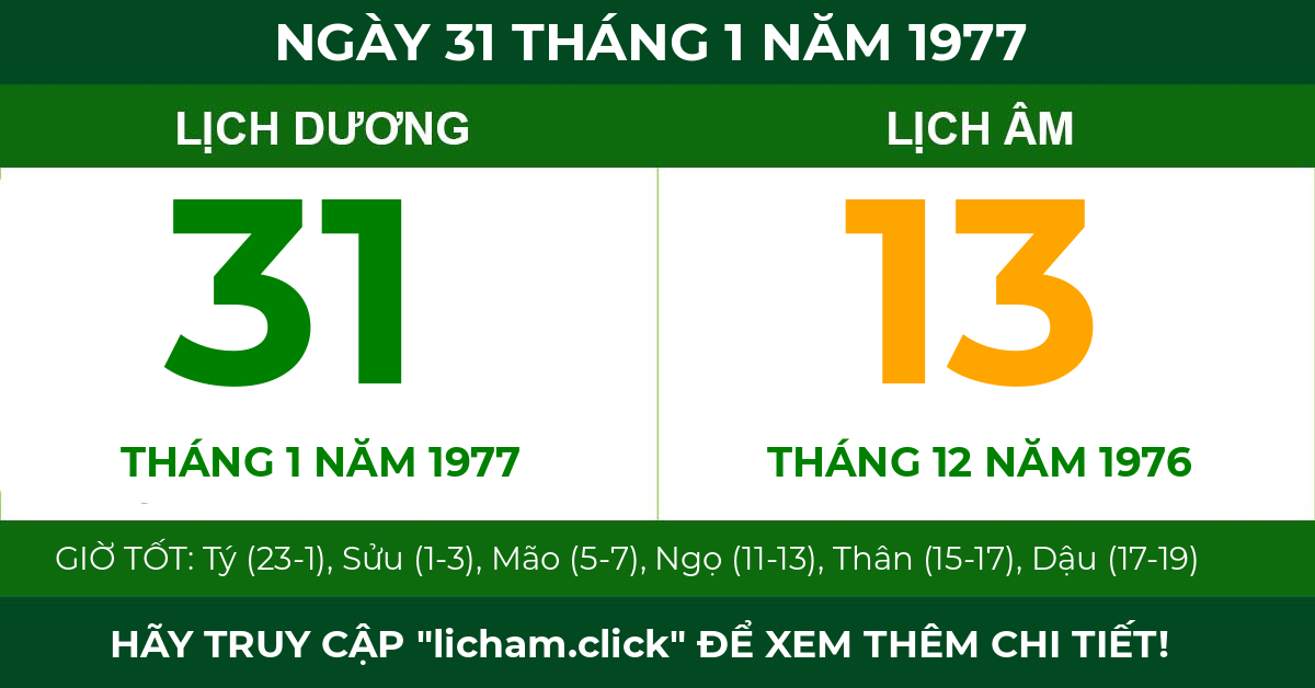 lịch âm ngày 31 tháng 1 năm 1977