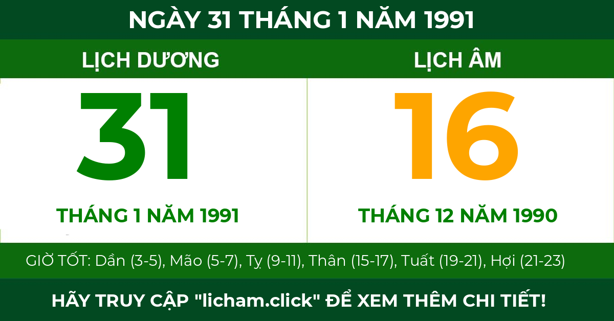 lịch âm ngày 31 tháng 1 năm 1991