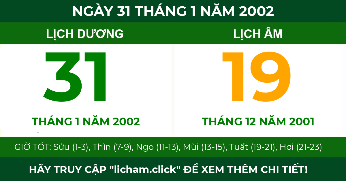 lịch âm ngày 31 tháng 1 năm 2002